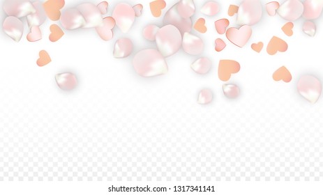 Vector Realistic Petals and Hearts Confetti. Flying Sakura and Hearts on Transparent Background. St. Valentine Day Background. Spring Romance Card. Vector Illustration for Honeymoon Design.