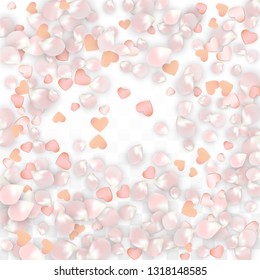 Vector Realistic Petals and Hearts Confetti. Flying Sakura and Hearts on Transparent Background. Romantic Love Background. Spring Romance Frame. Vector Illustration for Proposal Design.