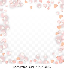 Vector Realistic Petals and Hearts Confetti. Flying Sakura and Hearts on Transparent Background. Romantic Love Background. Spring Romance Border. Vector Illustration for Proposal Design.