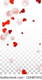 Vector Realistic Petals and Hearts Confetti. Flying Rose and Hearts on Transparent Background. 8 March Background. Spring Romance Banner. Illustration in Pink for Honeymoon Decoration.
