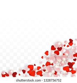 Vector Realistic Petals and Hearts Confetti. Flying Rose and Hearts on Transparent Background. Mother Day Background. Spring Romance Poster. Illustration in Pink for Honeymoon Decoration.