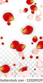 Vector Realistic Petals and Hearts Confetti. Flying Rose and Hearts on Transparent Background. St. Valentine Day Background. Spring Romance Flyer. Illustration in Pink for Amour Design.