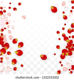 Vector Realistic Petals and Hearts Confetti. Flying Rose and Hearts on Transparent Background. Women's Day Background. Spring Romance Frame. Illustration in Pink for Proposal Design.
