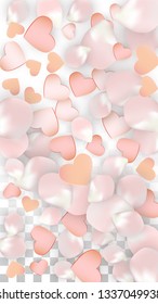 Vector Realistic Petals and Hearts Confetti. Flying Sakura and Hearts on Transparent Background. Wedding Invitation Background. Spring Romance Frame. Vector Illustration for Honeymoon Design.