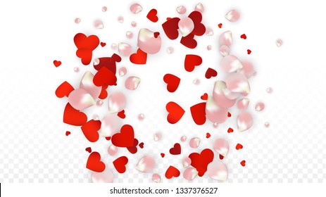 Vector Realistic Petals and Hearts Confetti. Flying Rose and Hearts on Transparent Background. Women's Day Background. Spring Romance Poster. Illustration in Pink for Proposal Design.