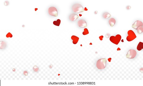 Vector Realistic Petals and Hearts Confetti. Flying Rose and Hearts on Transparent Background. Wedding Invitation Background. Spring Romance Border. Illustration in Pink for Proposal Design.