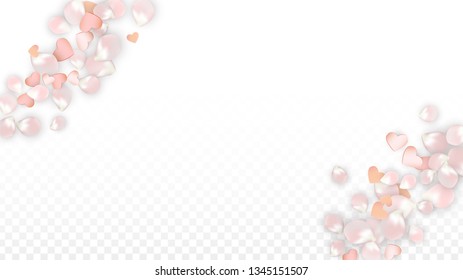 Vector Realistic Petals and Hearts Confetti. Flying Sakura and Hearts on Transparent Background. Romantic Love Background. Spring Romance Frame. Vector Illustration for Amour Design.