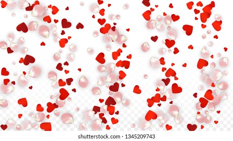 Vector Realistic Petals and Hearts Confetti. Flying Rose and Hearts on Transparent Background. Romantic Love Background. Spring Romance Card. Illustration in Pink for Honeymoon Decoration.