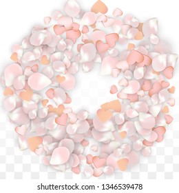 Vector Realistic Petals and Hearts Confetti. Flying Sakura and Hearts on Transparent Background. 8 March Background. Spring Romance Banner. Vector Illustration for Anniversary Design.