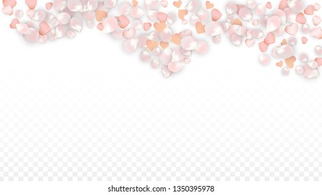Vector Realistic Petals and Hearts Confetti. Flying Sakura and Hearts on Transparent Background. Mother Day Background. Spring Romance Frame. Vector Illustration for Proposal Design.