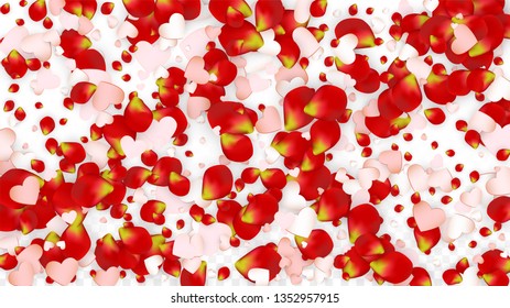 Vector Realistic Petals and Hearts Confetti. Flying Rose and Hearts on Transparent Background. Romantic Love Background. Spring Romance Banner. Illustration in Pink for Honeymoon Decoration.