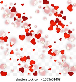 Vector Realistic Petals and Hearts Confetti. Flying Rose and Hearts on Transparent Background. Women's Day Background. Spring Romance Flyer. Illustration in Pink for Honeymoon Decoration.