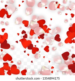 Vector Realistic Petals and Hearts Confetti. Flying Rose and Hearts on Transparent Background. Mother Day Background. Spring Romance Flyer. Illustration in Pink for Amour Design.