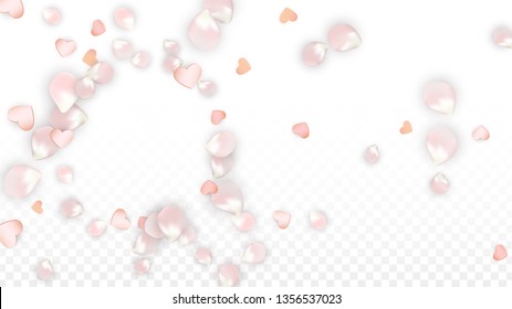 Vector Realistic Petals and Hearts Confetti. Flying Sakura and Hearts on Transparent Background. St. Valentine Day Background. Spring Romance Border. Vector Illustration for Anniversary Design.