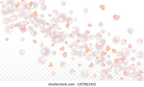 Vector Realistic Petals and Hearts Confetti. Flying Sakura and Hearts on Transparent Background. 8 March Background. Spring Romance Flyer. Vector Illustration for Proposal Design.