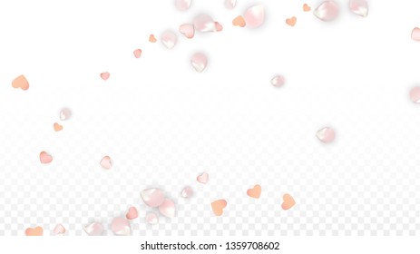 Vector Realistic Petals and Hearts Confetti. Flying Sakura and Hearts on Transparent Background. Romantic Love Background. Spring Romance Banner. Vector Illustration for Amour Design.