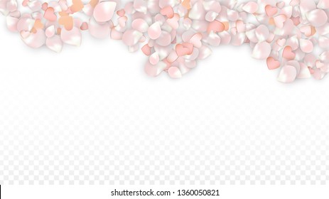 Vector Realistic Petals and Hearts Confetti. Flying Sakura and Hearts on Transparent Background. St. Valentine Day Background. Spring Romance Poster. Vector Illustration for Anniversary Design.