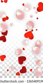 Vector Realistic Petals and Hearts Confetti. Flying Rose and Hearts on Transparent Background. Wedding Invitation Background. Spring Romance Design. Illustration in Pink for Proposal Design.
