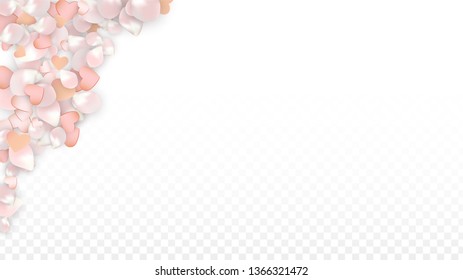 Vector Realistic Petals and Hearts Confetti. Flying Sakura and Hearts on Transparent Background. Romantic Love Background. Spring Romance Flyer. Vector Illustration for Amour Design.