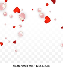 Vector Realistic Petals and Hearts Confetti. Flying Rose and Hearts on Transparent Background. Women's Day Background. Spring Romance Card. Illustration in Pink for Anniversary Decoration.