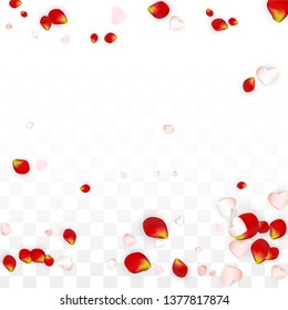 Vector Realistic Petals and Hearts Confetti. Flying Rose and Hearts on Transparent Background. Mother Day Background. Spring Romance Poster. Illustration in Pink for Proposal Design.
