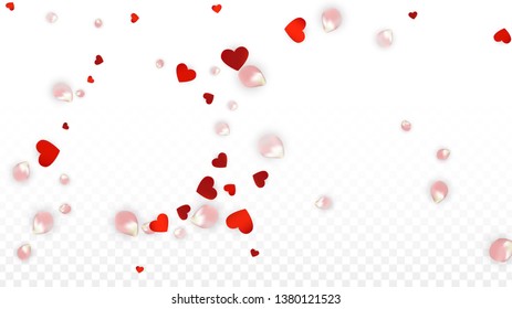 Vector Realistic Petals and Hearts Confetti. Flying Rose and Hearts on Transparent Background. 8 March Background. Spring Romance Banner. Illustration in Pink for Anniversary Decoration.