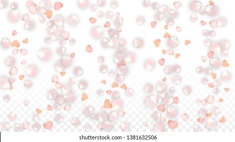 Vector Realistic Petals and Hearts Confetti. Flying Sakura and Hearts on Transparent Background. St. Valentine Day Background. Spring Romance Border. Vector Illustration for Proposal Design.