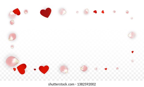 Vector Realistic Petals and Hearts Confetti. Flying Rose and Hearts on Transparent Background. Romantic Love Background. Spring Romance Banner. Illustration in Pink for Honeymoon Decoration.