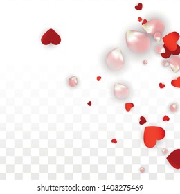 Vector Realistic Petals and Hearts Confetti. Flying Rose and Hearts on Transparent Background. Romantic Love Background. Spring Romance Flyer. Illustration in Pink for Proposal Design.