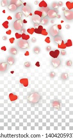 Vector Realistic Petals and Hearts Confetti. Flying Rose and Hearts on Transparent Background. 8 March Background. Spring Romance Banner. Illustration in Pink for Anniversary Decoration.