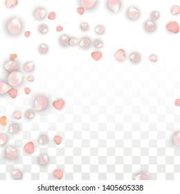 Vector Realistic Petals and Hearts Confetti. Flying Sakura and Hearts on Transparent Background. St. Valentine Day Background. Spring Romance Frame. Vector Illustration for Proposal Design.