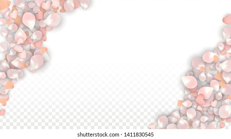 Vector Realistic Petals and Hearts Confetti. Flying Sakura and Hearts on Transparent Background. Mother Day Background. Spring Romance Poster. Vector Illustration for Proposal Design.