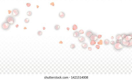 Vector Realistic Petals and Hearts Confetti. Flying Sakura and Hearts on Transparent Background. 8 March Background. Spring Romance Frame. Vector Illustration for Amour Design.