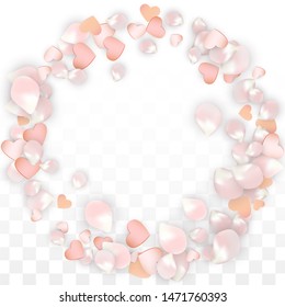 Vector Realistic Petals and Hearts Confetti. Flying Sakura and Hearts on Transparent Background. Romantic Love Background. Spring Romance Design. Vector Illustration for Proposal Design.