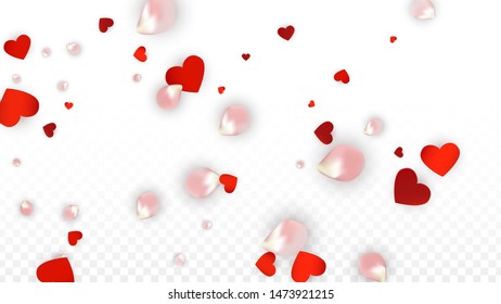 Vector Realistic Petals and Hearts Confetti. Flying Rose and Hearts on Transparent Background. Mother Day Background. Spring Romance Frame. Illustration in Pink for Anniversary Decoration.
