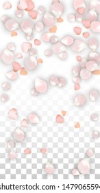 Vector Realistic Petals and Hearts Confetti. Flying Sakura and Hearts on Transparent Background. Romantic Love Background. Spring Romance Poster. Vector Illustration for Anniversary Design.