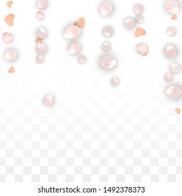 Vector Realistic Petals and Hearts Confetti. Flying Sakura and Hearts on Transparent Background. Romantic Love Background. Spring Romance Border. Vector Illustration for Amour Design.