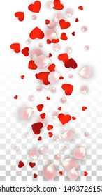 Vector Realistic Petals and Hearts Confetti. Flying Rose and Hearts on Transparent Background.