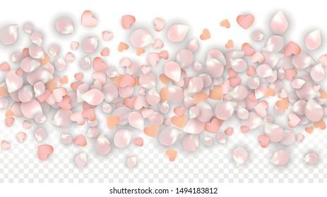 Vector Realistic Petals and Hearts Confetti. Flying Sakura and Hearts on Transparent Background. St. Valentine Day Background. Spring Romance Poster. Vector Illustration for Amour Design.