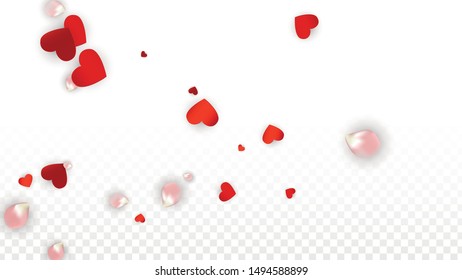 Vector Realistic Petals and Hearts Confetti. Flying Rose and Hearts on Transparent Background. Wedding Invitation Background. Spring Romance Banner. Illustration in Pink for Honeymoon Decoration.