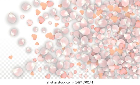 Vector Realistic Petals and Hearts Confetti. Flying Sakura and Hearts on Transparent Background. Romantic Love Background. Spring Romance Frame. Vector Illustration for Amour Design.
