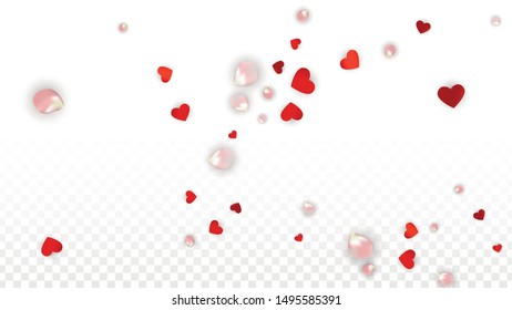 Vector Realistic Petals and Hearts Confetti. Flying Rose and Hearts on Transparent Background. St. Valentine Day Background. Spring Romance Frame. Illustration in Pink for Proposal Design.