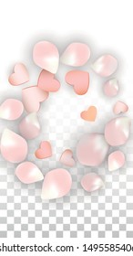 Vector Realistic Petals and Hearts Confetti. Flying Sakura and Hearts on Transparent Background. Mother Day Background. Spring Romance Frame. Vector Illustration for Anniversary Design.