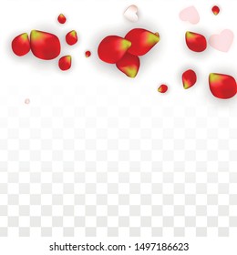Vector Realistic Petals and Hearts Confetti. Flying Rose and Hearts on Transparent Background. Mother Day Background. Spring Romance Card. Illustration in Pink for Proposal Design.