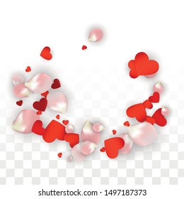 Vector Realistic Petals and Hearts Confetti. Flying Rose and Hearts on Transparent Background. Women's Day Background. Spring Romance Card. Illustration in Pink for Proposal Design.