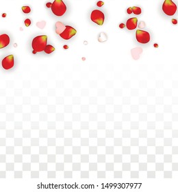 Vector Realistic Petals and Hearts Confetti. Flying Rose and Hearts on Transparent Background. Wedding Invitation Background. Spring Romance Design. Illustration in Pink for Amour Design.