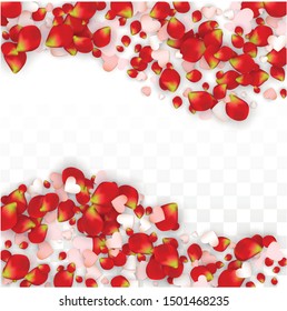 Vector Realistic Petals and Hearts Confetti. Flying Rose and Hearts on Transparent Background. 8 March Background. Spring Romance Card. Illustration in Pink for Honeymoon Decoration.