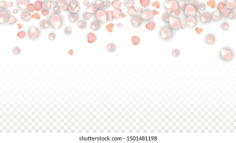 Vector Realistic Petals and Hearts Confetti. Flying Sakura and Hearts on Transparent Background. Romantic Love Background. Spring Romance Design. Vector Illustration for Amour Design.