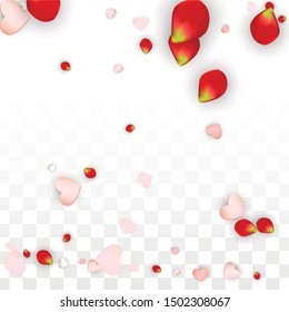 Vector Realistic Petals and Hearts Confetti. Flying Rose and Hearts on Transparent Background. Mother Day Background. Spring Romance Frame. Illustration in Pink for Anniversary Decoration.