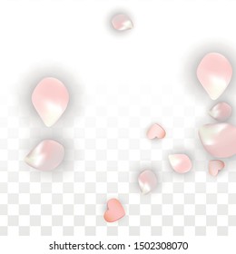 Vector Realistic Petals and Hearts Confetti. Flying Sakura and Hearts on Transparent Background. 8 March Background. Spring Romance Banner. Vector Illustration for Proposal Design.